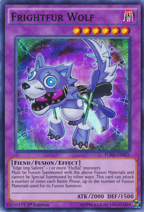 A Super Rare "Frightfur Wolf" card from the Yugioh Set: Fusion Enforcers (FUEN).