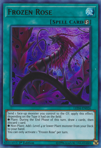  An Ultra Rare "Frozen Rose" card from the Yugioh Set: Legendary Duelist: Sisters of the Rose.