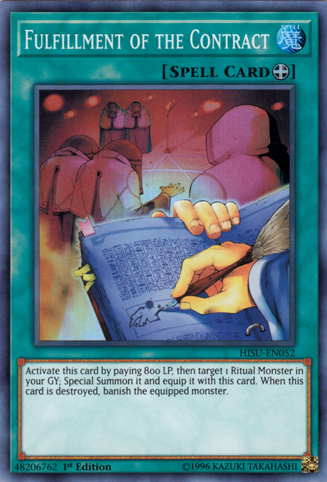 A Super Rare "Fulfillment of the Contract" card from the Yugioh Set: Hidden Summoners (HISU).