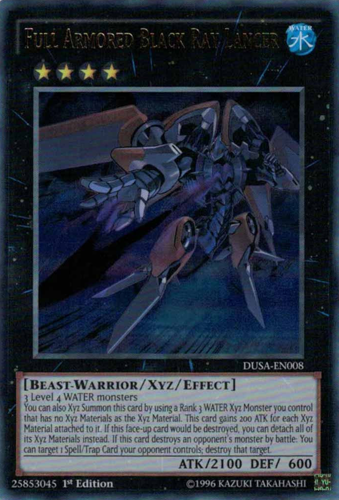 An Ultra Rare "Full Armored Black Ray Lancer" card from the Yugioh Set: Duelist Saga.