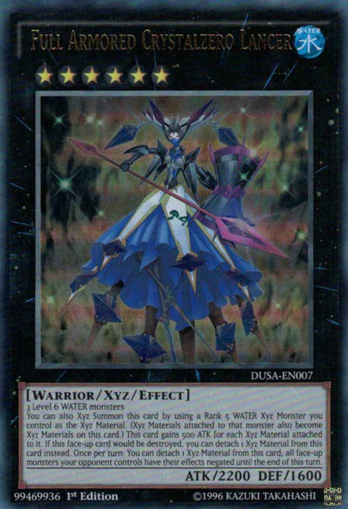 An Ultra Rare "Full Armored Crystalzero Lancer" card from the Yugioh Set: Duelist Saga.