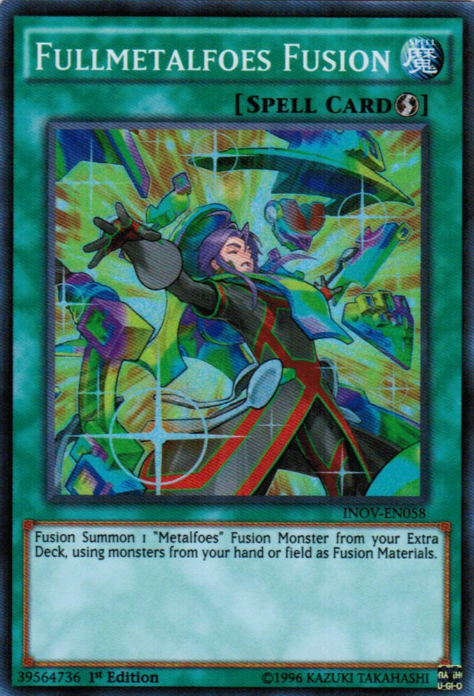 A Super Rare "Fullmetalfoes Fusion" card from the Yugioh Set: Invasion: Vengeance (INOV).