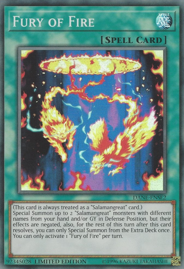 A Super Rare "Fury of Fire" card from the Yugioh Set: Dark Neostorm Special Edition (DANE).