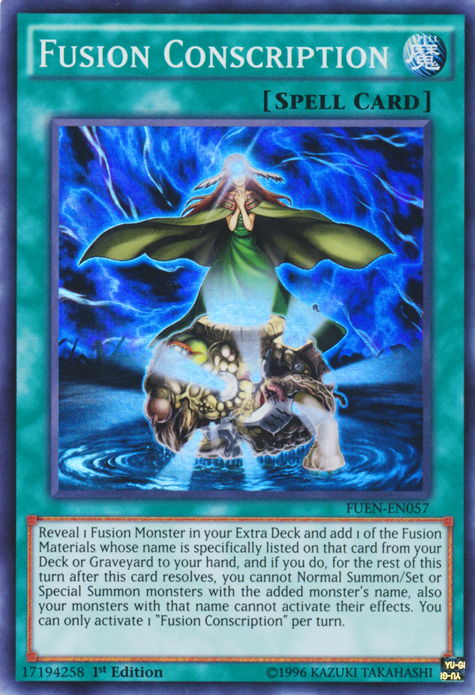 A Super Rare "Fusion Conscription" card from the Yugioh Set: Fusion Enforcers (FUEN).