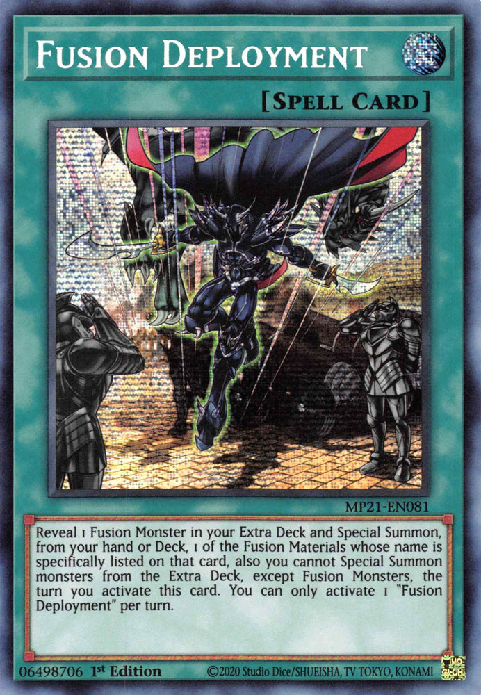 A Prismatic Secret Rare "Fusion Deployment" card from the Yugioh 2021 Tin of Ancient Battles.