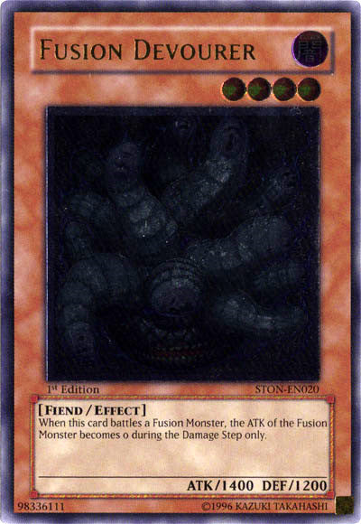 An Ultimate Rare "Fusion Devourer" card from the Yugioh Set: Strike of Neos (STON).