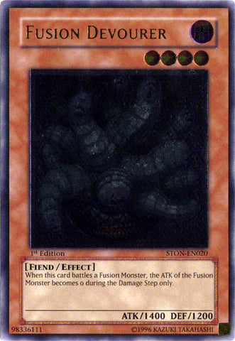An Ultimate Rare "Fusion Devourer" card from the Yugioh Set: Strike of Neos (STON).