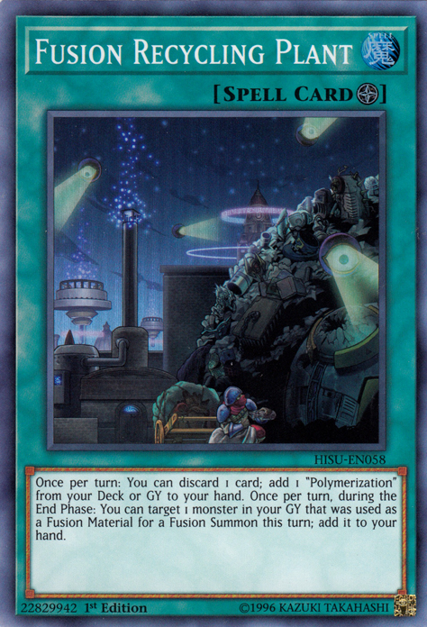 A Super Rare "Fusion Recycling Plant" card from the Yugioh Set: The Hidden Summoners (HISU).
