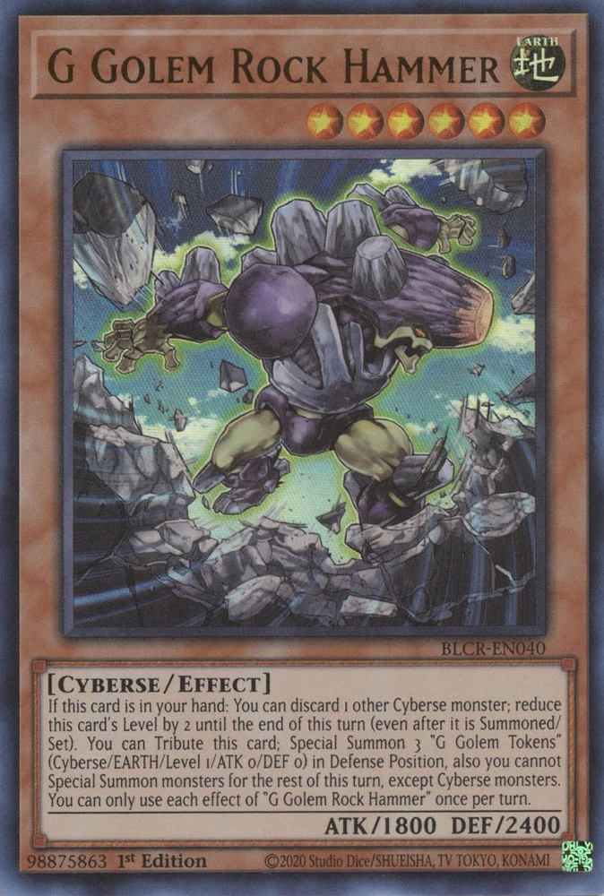 An Ultra Rare "G Golem Rock Hammer" card from the Yugioh Set: Battles of Legend: Crystal Revenge (BLCR).