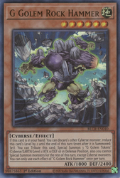An Ultra Rare "G Golem Rock Hammer" card from the Yugioh Set: Battles of Legend: Crystal Revenge (BLCR).