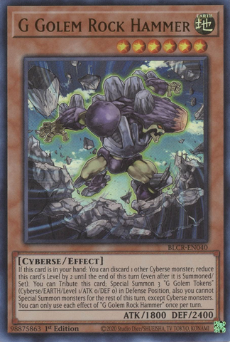 An Ultra Rare "G Golem Rock Hammer" card from the Yugioh Set: Battles of Legend: Crystal Revenge (BLCR).