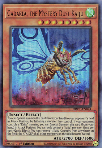  An Ultra Rare "Gadarla, the Mystery Dust Kaiju" card from the Yugioh Set: Brothers of Legend (BROL).