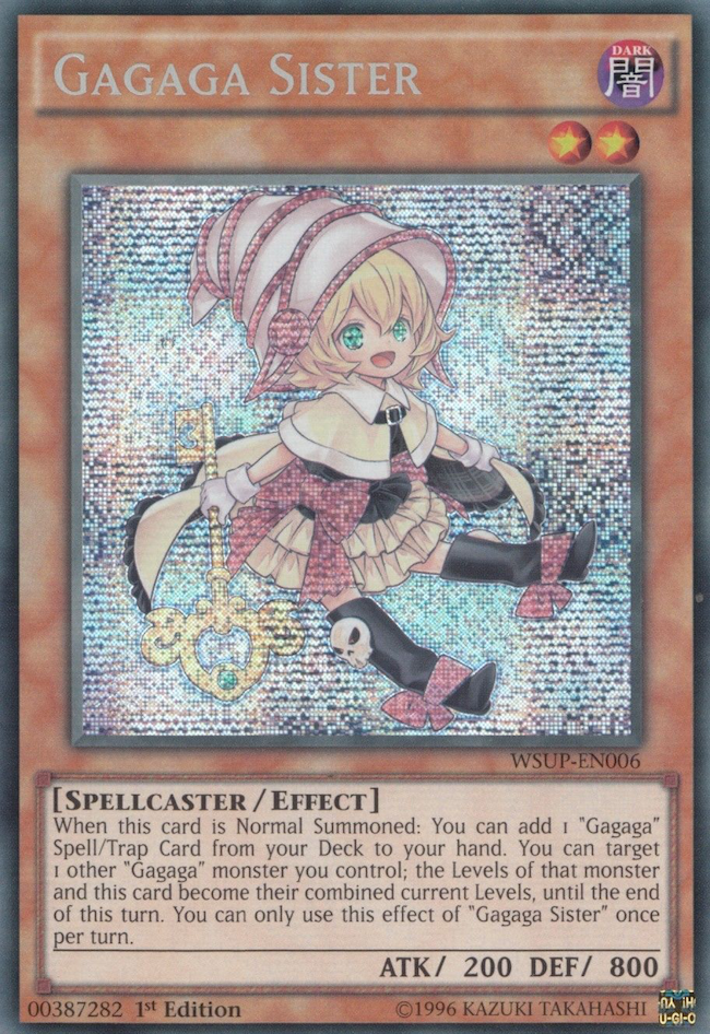 A Prismatic Secret Rare "Gagaga Sister" card from the Yugioh Set: World Superstars.