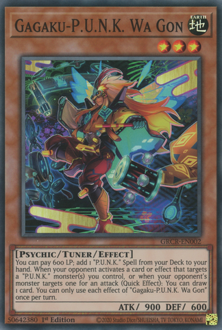  A Super Rare "Gagaku-P.U.N.K. Wa Gon" card from the Yugioh Set: The Grand Creators.