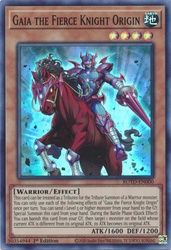 A Super Rare "Gaia the Fierce Knight Origin" card from the Yugioh Set: Rise of the Duelist (ROTD).