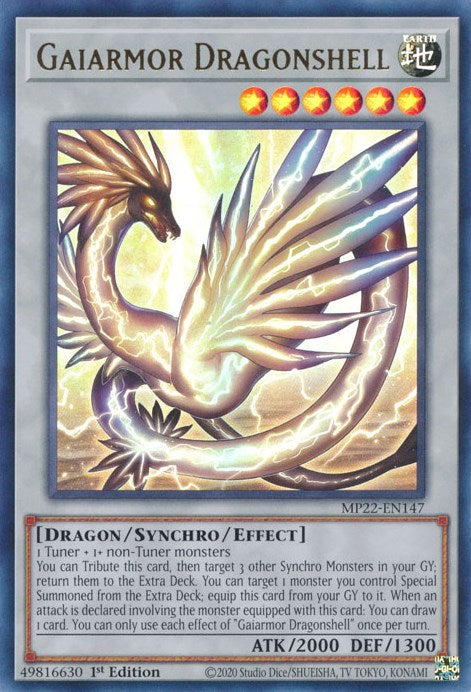 An Ultra Rare "Gaiarmor Dragonshell" card from the Yugioh 2022 Tin of the Pharaoh's Gods Set.