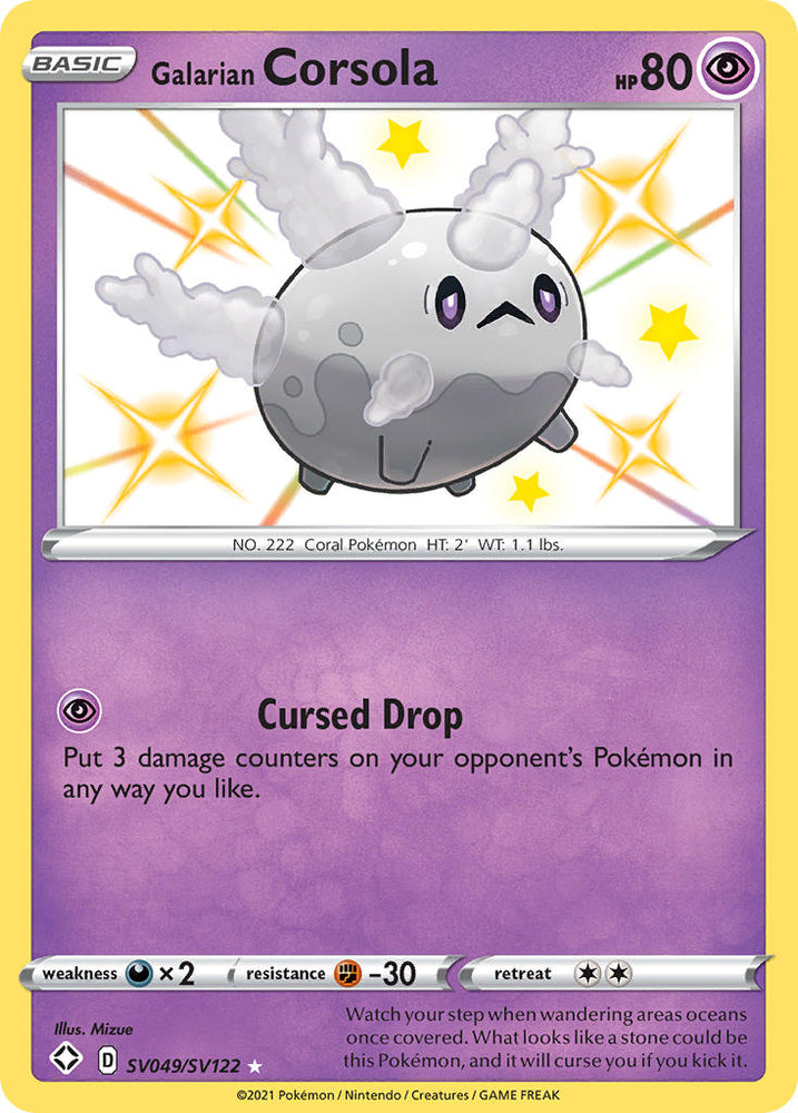 An Ultra Rare "Galarian Corsola" (SV049/SV122) card from the Pokemon Set: Sword & Shield: Shining Fates.