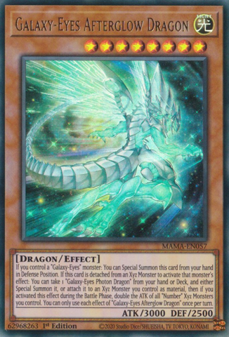 An Ultra Rare "Galaxy-Eyes Afterglow Dragon" card from the Yugioh Set: Magnificent Mavens.