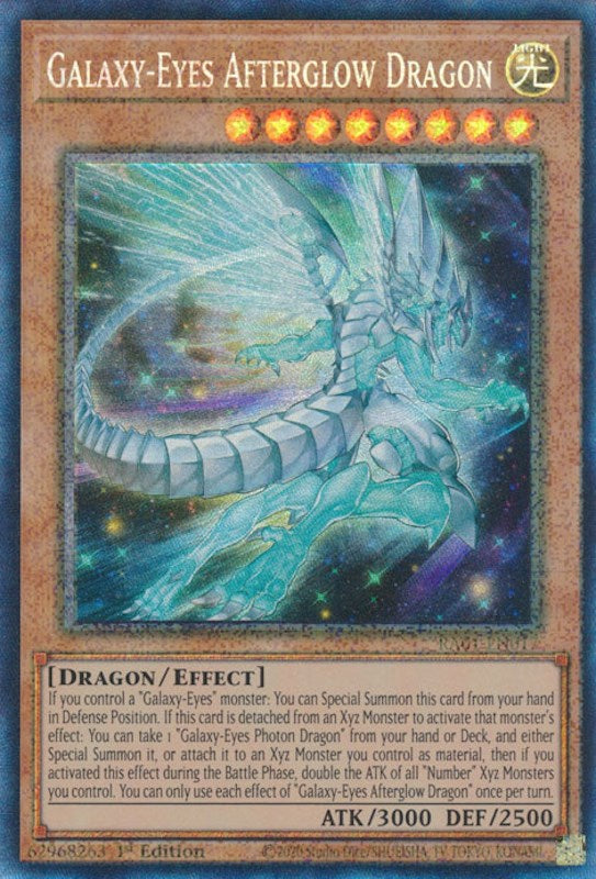 A Prismatic Collector's Rare "Galaxy-Eyes Afterglow Dragon" card from the Yugioh Set: Rarity Collection 1 (RA01).