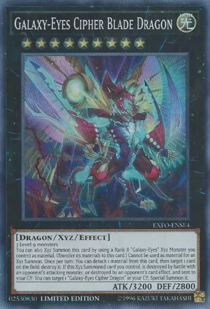 A Super Rare "Galaxy-Eyes Cipher Blade Dragon" card from the Yugioh Set: Extreme Force (EXFO).
