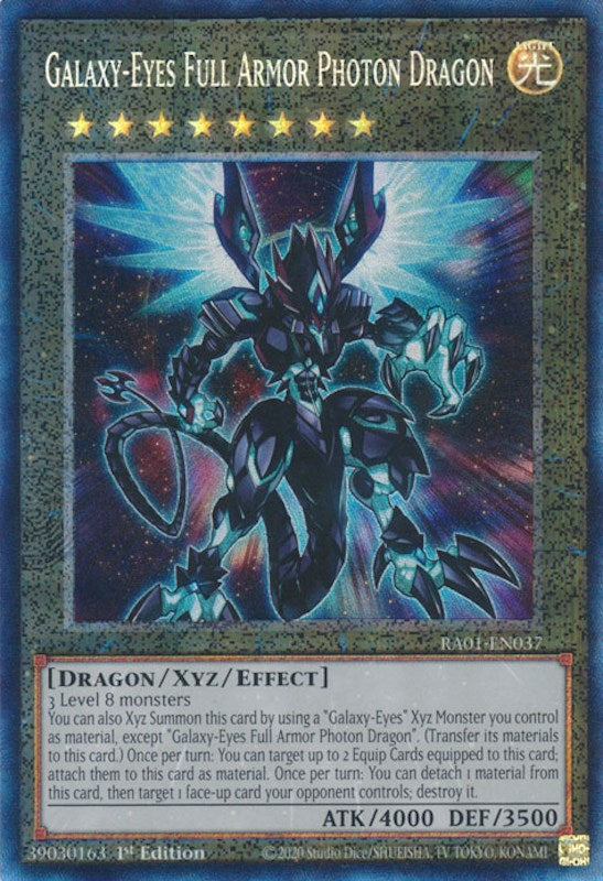A Prismatic Collector's Rare "Galaxy-Eyes Full Armor Photon Dragon" card from the Yugioh Set: Rarity Collection 1 (RA01).