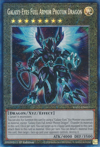 A Prismatic Collector's Rare "Galaxy-Eyes Full Armor Photon Dragon" card from the Yugioh Set: Rarity Collection 1 (RA01).