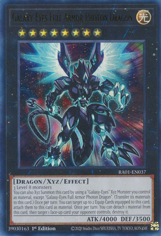 An Ultra Rare "Galaxy-Eyes Full Armor Photon Dragon" card from the Yugioh Set: Rarity Collection 1 (RA01).