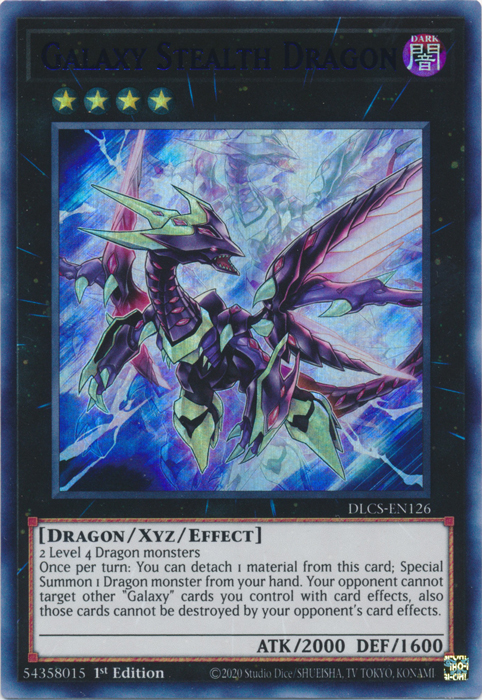 An Ultra Rare Blue Letter "Galaxy Stealth Dragon" card from the Yugioh Set: Dragons of Legend: The Complete Series (DLCS).