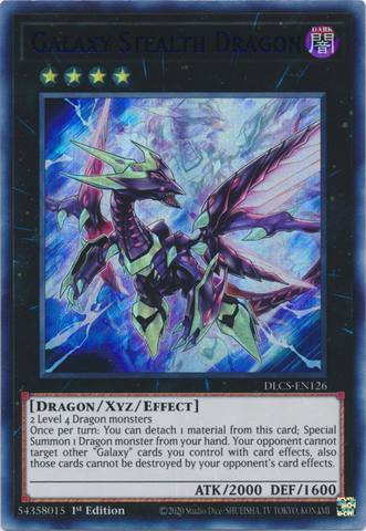 An Ultra Rare Blue Letter "Galaxy Stealth Dragon" card from the Yugioh Set: Dragons of Legend: The Complete Series (DLCS).