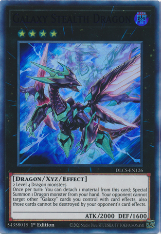 An Ultra Rare Purple "Galaxy Stealth Dragon" card from the Yugioh Set: Dragons of Legend: The Complete Series (DLCS).