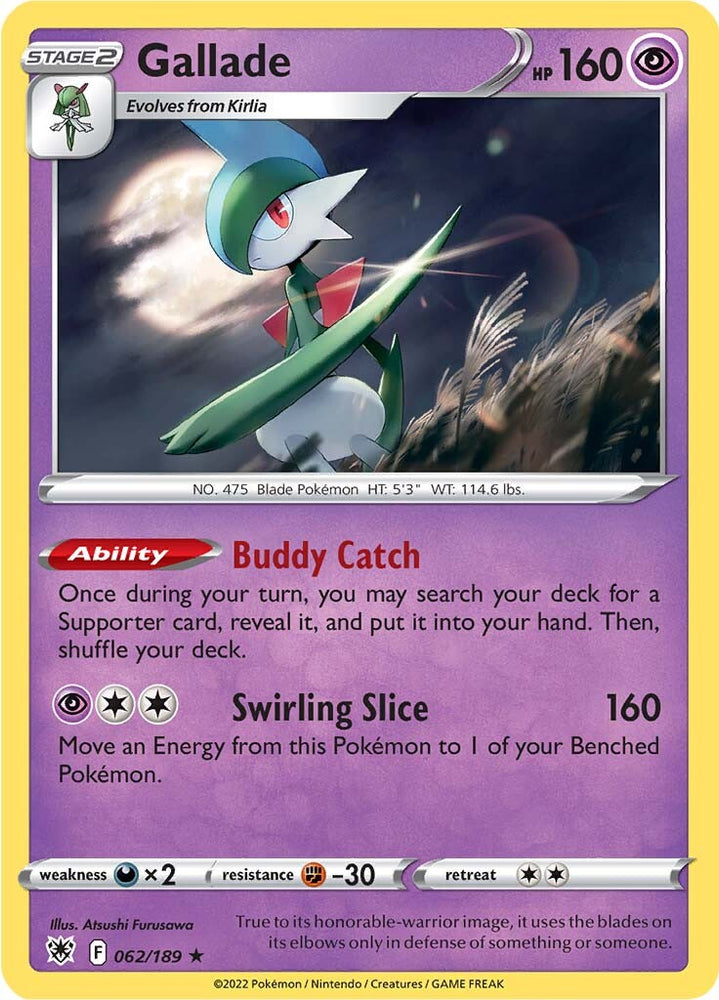 A Holo Rare "Gallade" (062/189) card from the Pokemon Set: Astral Radiance.