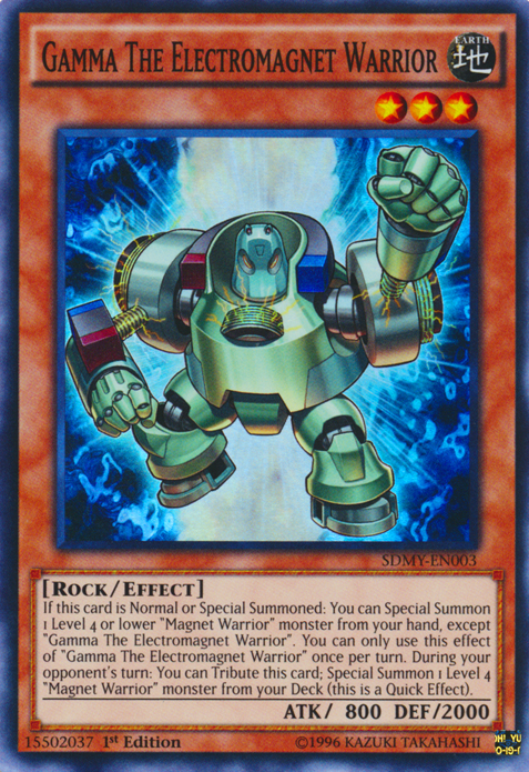 A Super Rare "Gamma the Electromagnet Warrior" card from the Yugioh Structure Deck: Yugi Moto (SDMY).