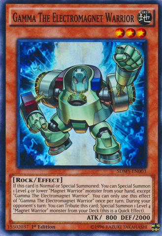 A Super Rare "Gamma the Electromagnet Warrior" card from the Yugioh Structure Deck: Yugi Moto (SDMY).