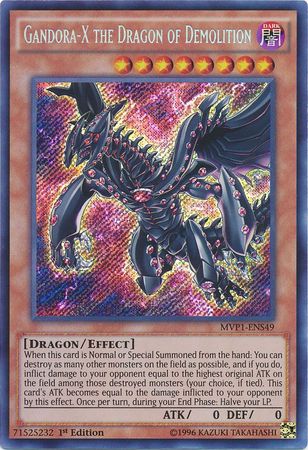 A Secret Rare "Gandora-X the Dragon of Demolition" card from the Yugioh Set: The Dark Side of Dimensions: Movie Pack Secret Edition.