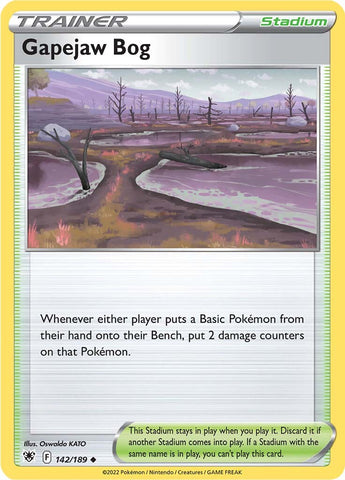 An Uncommon "Gapejaw Bog" (142/189) card from the Pokemon Set: Astral Radiance.