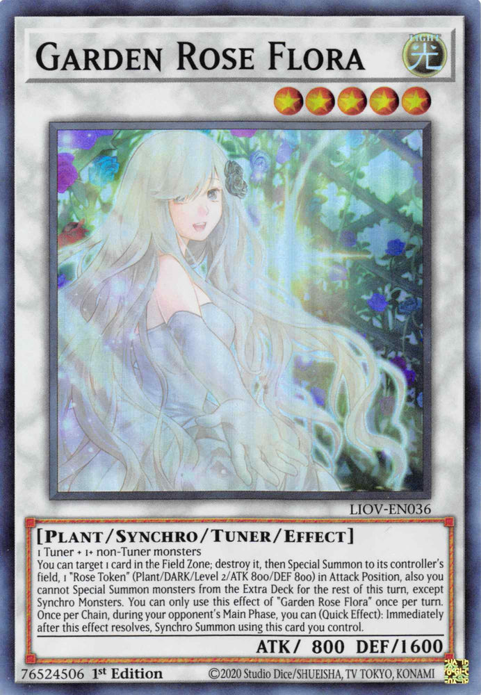  A Super Rare "Garden Rose Flora" card from the Yugioh Set: Lightning Overdrive (LIOV).