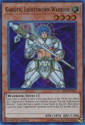 An Ultra Rare "Garoth, Lightsworn Warrior" card from the Yugioh Set: Battles of Legend: Lights Revenge (BLLR).
