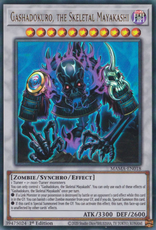 An Ultra Rare "Gashadokuro, the Skeletal Mayakashi" card from the Yugioh Set: Magnificent Mavens (MAMA).