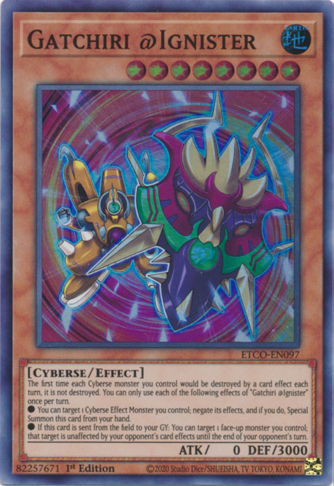  A Super Rare "Gatchiri @Ignister" card from the Yugioh Set: Eternity Code.