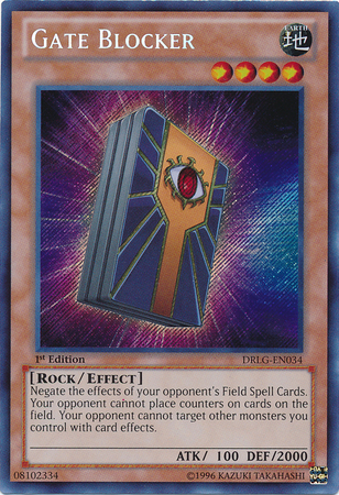 A Secret Rare "Gate Blocker" card from the Yugioh Set: Dragons of Legend.