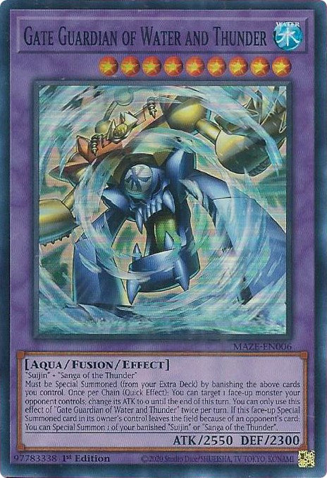 A Super Rare "Gate Guardian of Water and Thunder" card from the Yugioh Set: Maze of Memories (MAZE).