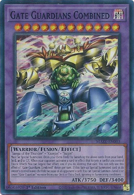 A Super Rare "Gate Guardians Combined" card from the Yugioh Set: Maze of Memories.