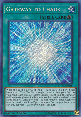 A Secret Rare "Gateway to Chaos" card from the Yugioh Set: Shadows in Valhalla.