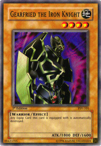 A Super Rare "Gearfried the Iron Knight" card from the Yugioh Set: Pharaoh's Servant (PSV).