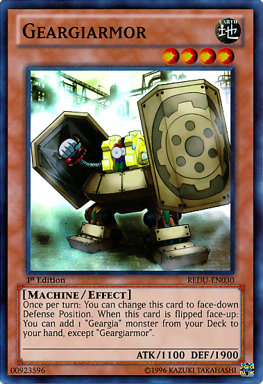 A Super Rare "Geargiarmor" card from the Yugioh Set: Return of the Duelist (REDU).