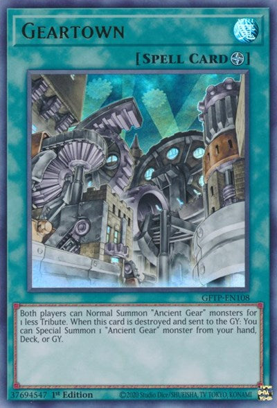 An Ultra Rare "Geartown" card from the Yugioh Set: Ghosts From the Past.