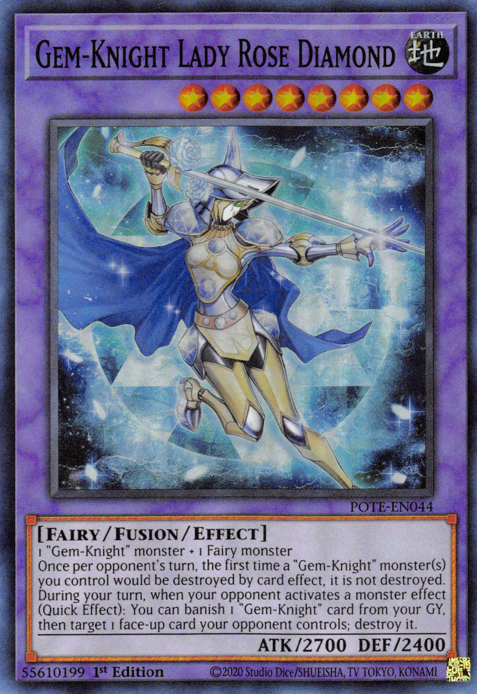 A Super Rare "Gem-Knight Lady Rose Diamond" card from the Yugioh Set: Power of the Elements (POTE).