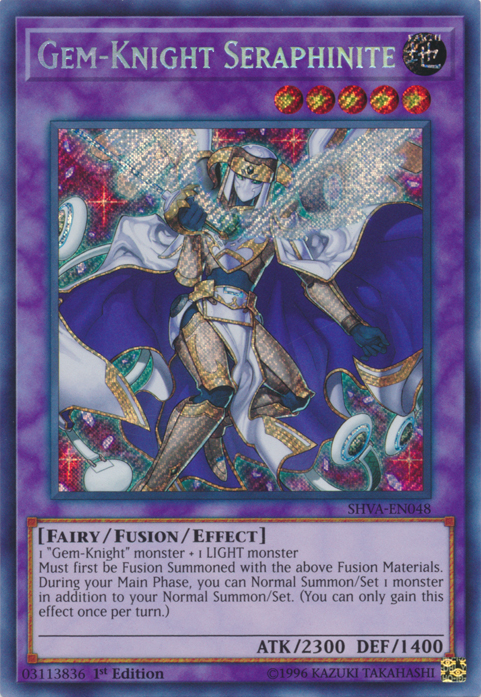 A Secret Rare "Gem-Knight Seraphinite" card from the Yugioh Set: Shadows in Valhalla (SHVA).