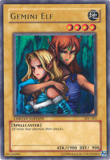 An Ultra Rare "Gemini Elf" card from the Yugioh Set: Invasion of Chaos (IOC).