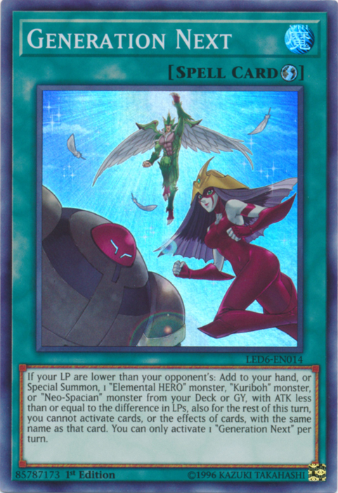 A Super Rare "Generation Next" card from the Yugioh Set: Legendary Duelist: Magical Hero.